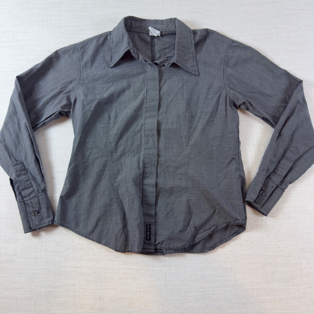 Old Navy Womens Size 6 Black White Micro Check Button Down Shirt Long Sleeve